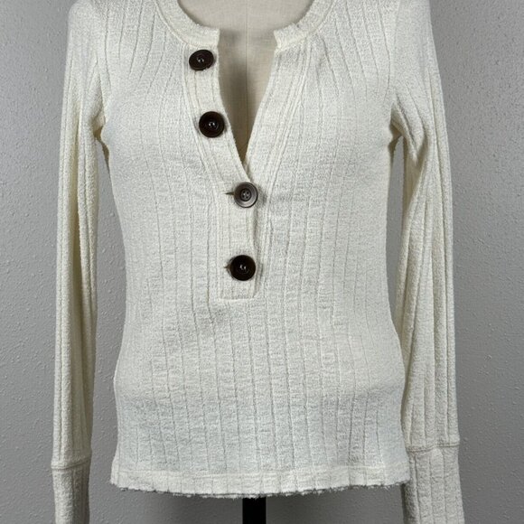 Urban Outfitters Sweaters - Ivory Ribbed Henley Long-Sleeve Sweater Womens Medium Button Detail Lightweight